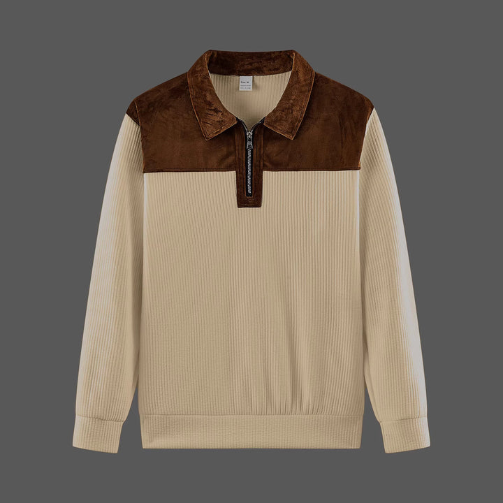 Unisex nan feinstrukturierter Strickpullover mit halbem Reißverschlusskragen und Samtbesatz Echo Archiv
