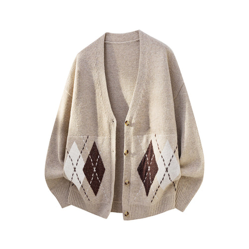 Damen Oversized Strickcardigan mit Argyle-Muster und V-Ausschnitt Echo Archiv