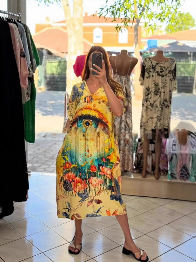 Damen nan fließendes Maxi-Kaftankleid mit V-Ausschnitt und großflächigem Aquarell-Blumenprint Echo Archiv