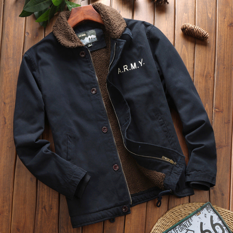 Herren Vintage-inspirierter Canvas-Fliegerblouson mit voluminösem Sherpa-Futter, zweifacher Frontöffnung und verstärkten Taschen Echoarchiv