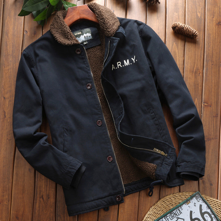 Herren Vintage-inspirierter Canvas-Fliegerblouson mit voluminösem Sherpa-Futter, zweifacher Frontöffnung und verstärkten Taschen Echoarchiv