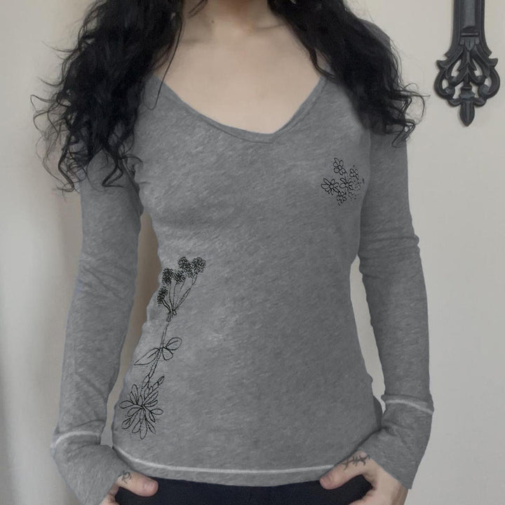 Damen Langärmeliges V-Ausschnitt-Shirt mit feiner Blumenstickerei – Maréline