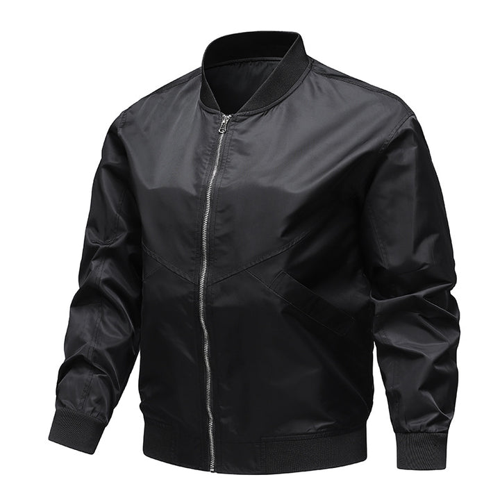 Men's minimalist nylon flight bomber jacket with angled welt pockets and funnel rib collar – Brevano