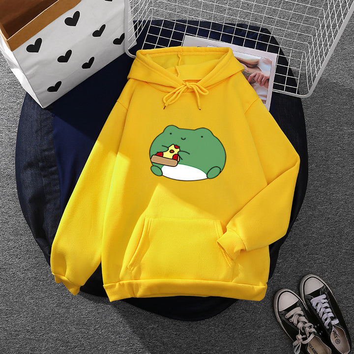 Damen gemütlicher Kapuzenpullover mit kawaii Frosch‑Pizza‑Motiv und oversized Relax‑Fit – Auréline