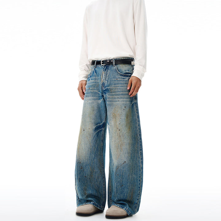 Herren Ultraweite Denim-Baggyhose im Vintage-Look mit Farbpatina und tiefem Schritt Echo Archiv