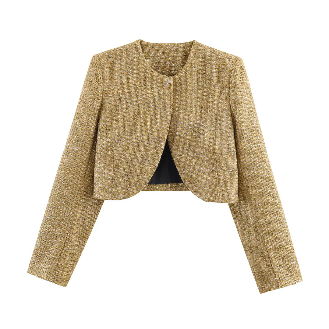 Damen kurzes Bouclé-Blazerjacke mit Rundhals und Zierknopf – Valéne