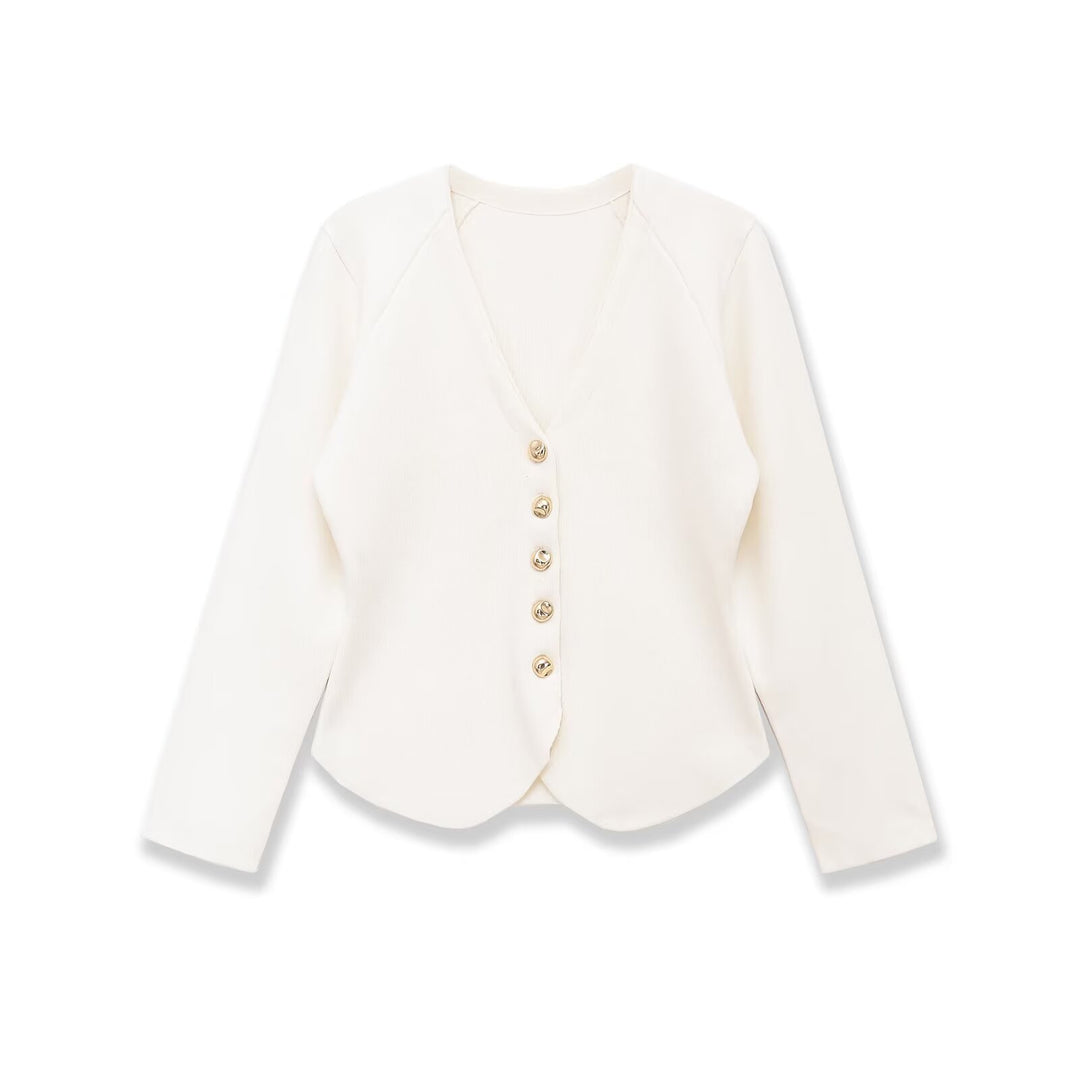 Damen Feinstrukturierte taillierte Strickjacke mit V-Ausschnitt und goldener Knopfleiste Echoarchiv