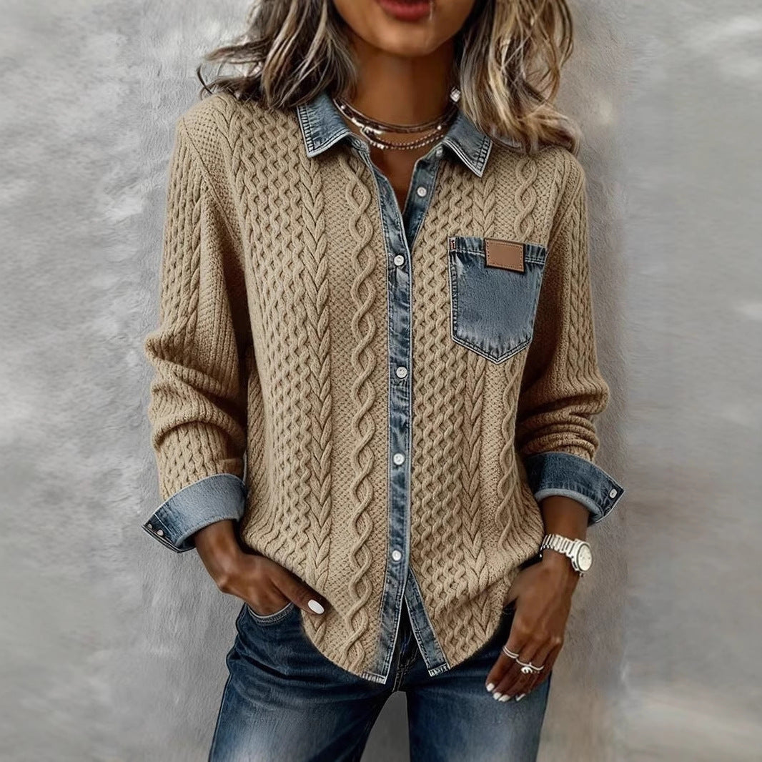 Damen Strickjacke mit Denim-Look-Kragen, dekorativer Knopfleiste und Brusttasche – Veloura