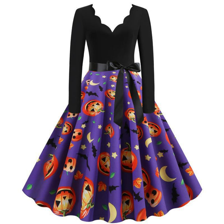 Damen Vintage Swingkleid mit Halloween-Kürbisprint und tailliertem Satinschärpenbund – Élara