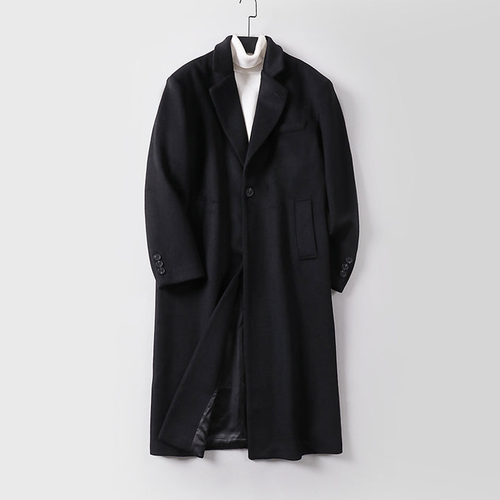 Herren Eleganter langer Einreiher-Wollmantel mit schmalem Revers und taillierter Silhouette Echoarchiv