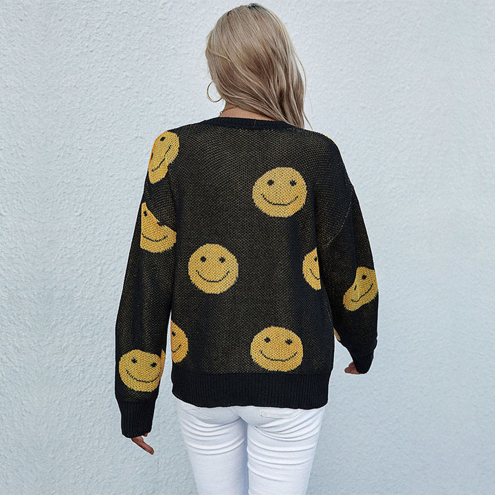 Damen lässiger Strickpullover mit Smiley‑Jacquard und Rundhalsausschnitt Echoarchiv