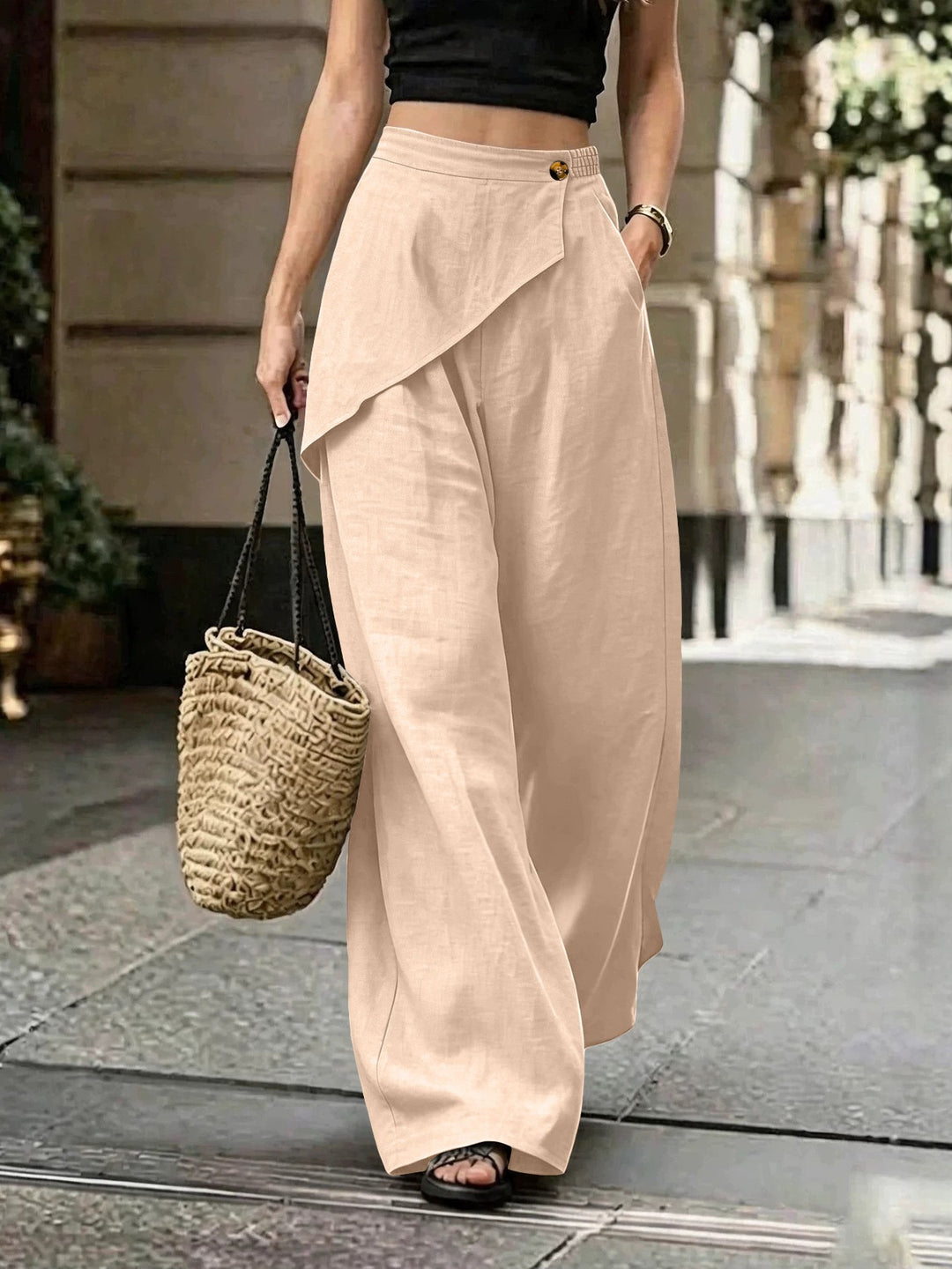 Damen Leichte Leinenhose mit Wickel-Front und weitem Bein Echoarchiv