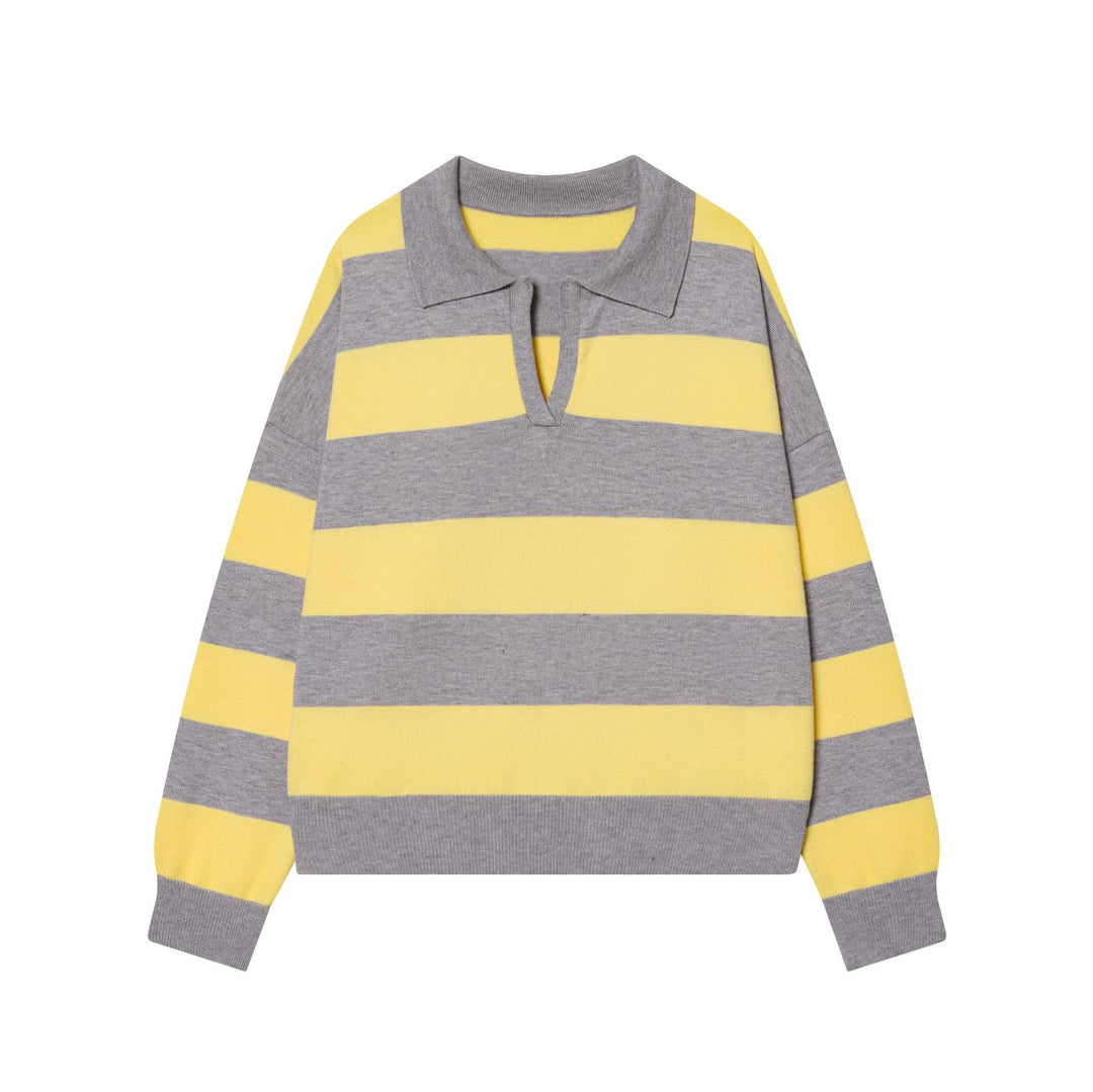 Damen nan gestreifter Rugby-Pullover mit Polokragen und tiefem V-Schlitz Echo Archiv