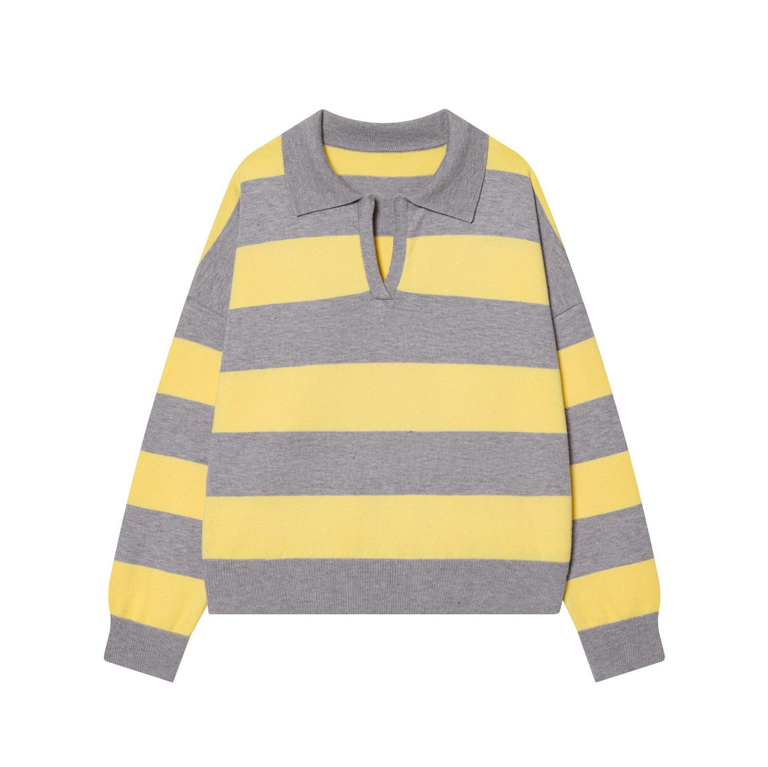 Damen gestreifter Rugby-Pullover mit Polokragen und tiefem V-Schlitz – Mavelle