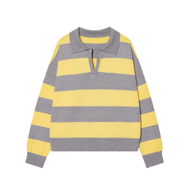 Damen nan gestreifter Rugby-Pullover mit Polokragen und tiefem V-Schlitz Echo Archiv