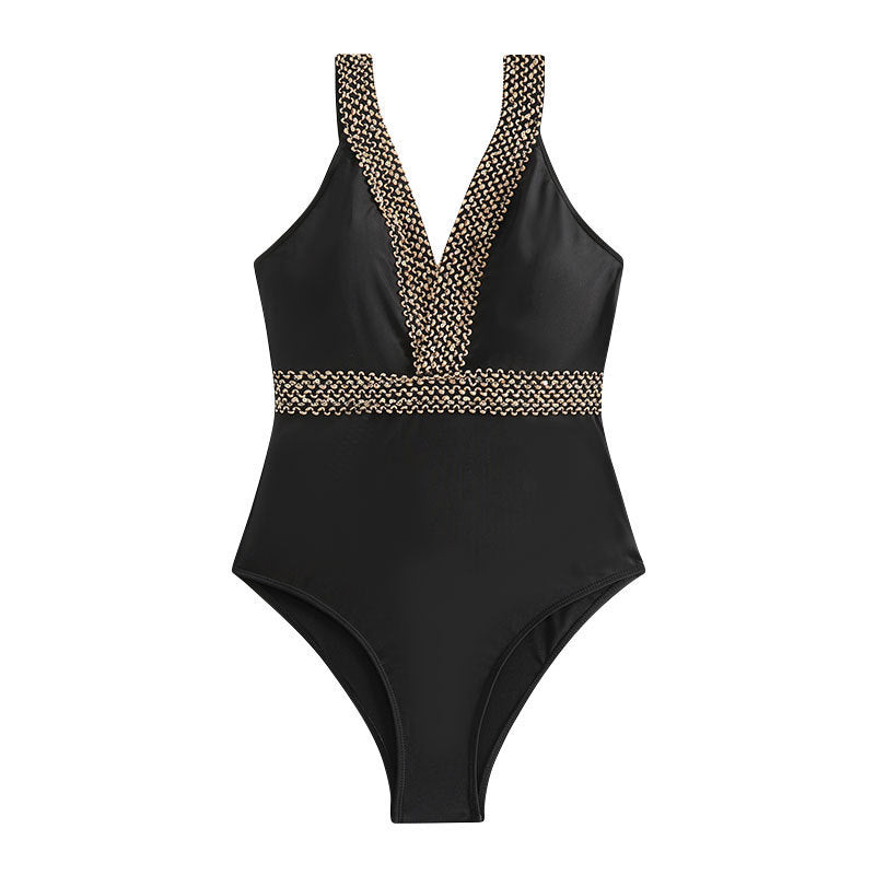 Damen Eleganter Einteiler Badeanzug mit V-Ausschnitt und goldenen Akzenten Echo Archiv