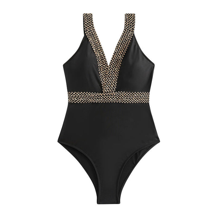 Damen Eleganter Einteiler Badeanzug mit V-Ausschnitt und goldenen Akzenten Echo Archiv