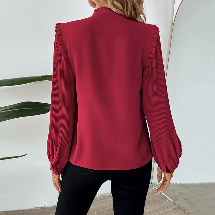 Damen Plissierte Chiffon-Bluse mit Schleifenkragen, Ballonärmeln und Rüschendetail Echoarchiv