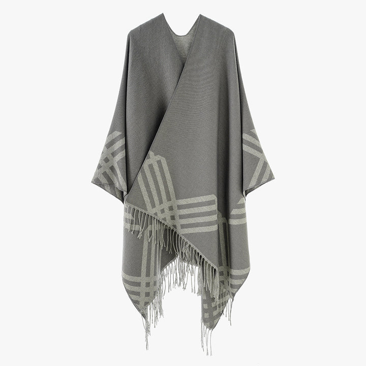 Damen Wollmix-Ruana im Rechteckschnitt mit grafischem Streifen-Jacquard und Fransen – Avérine
