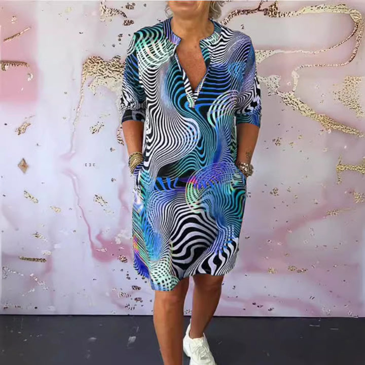 Damen Midi Kleid mit psychedelischem Allover-Druck V-Ausschnitt und lässigem Shift-Schnitt Echoarchiv