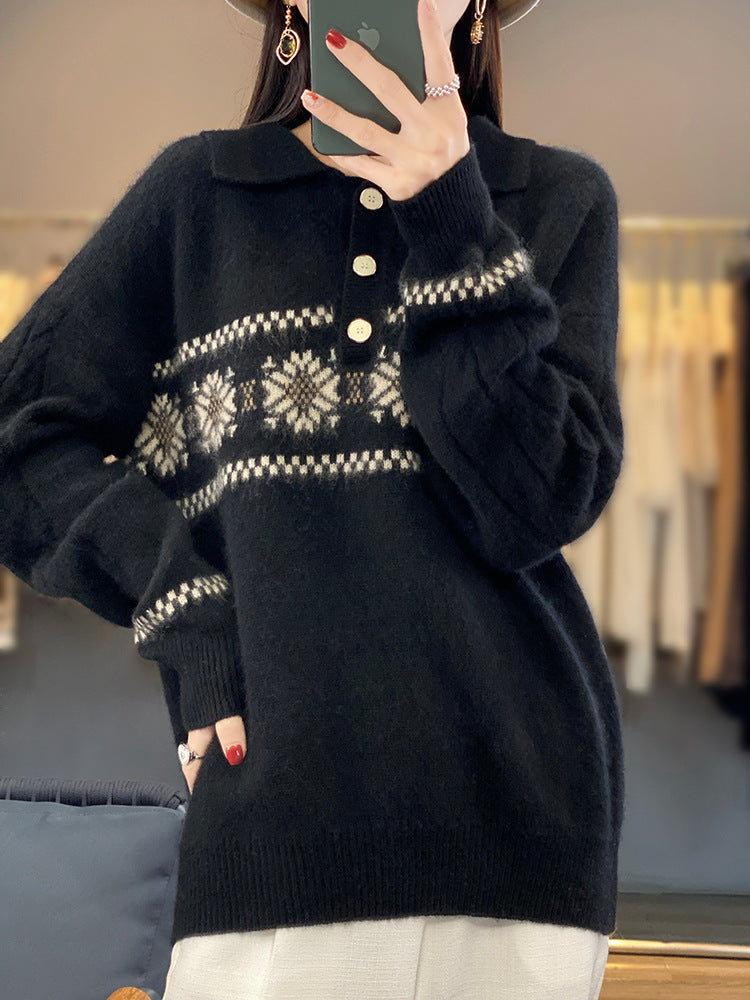 Damen Oversize-Polokragen-Strickpullover mit Norweger‑Motiv und Raglanärmeln Echoarchiv
