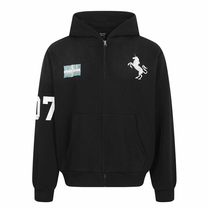 Damen Zip-Hoodie mit gesticktem Einhorn-Motiv und Musikpatch Echoarchiv