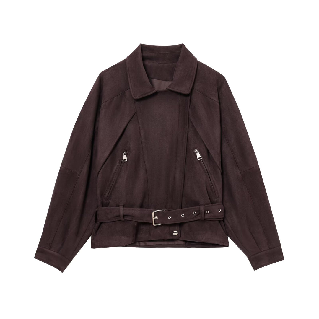 Damen Kurzjacke im Bikerstil aus Velourslederoptik mit Taillengürtel Echoarchiv