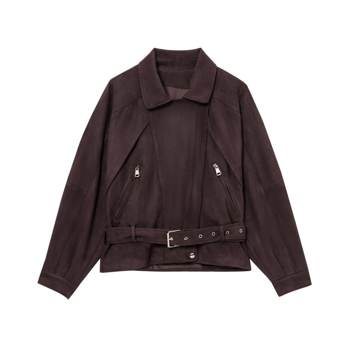 Damen Kurzjacke im Bikerstil aus Velourslederoptik mit Taillengürtel Echoarchiv