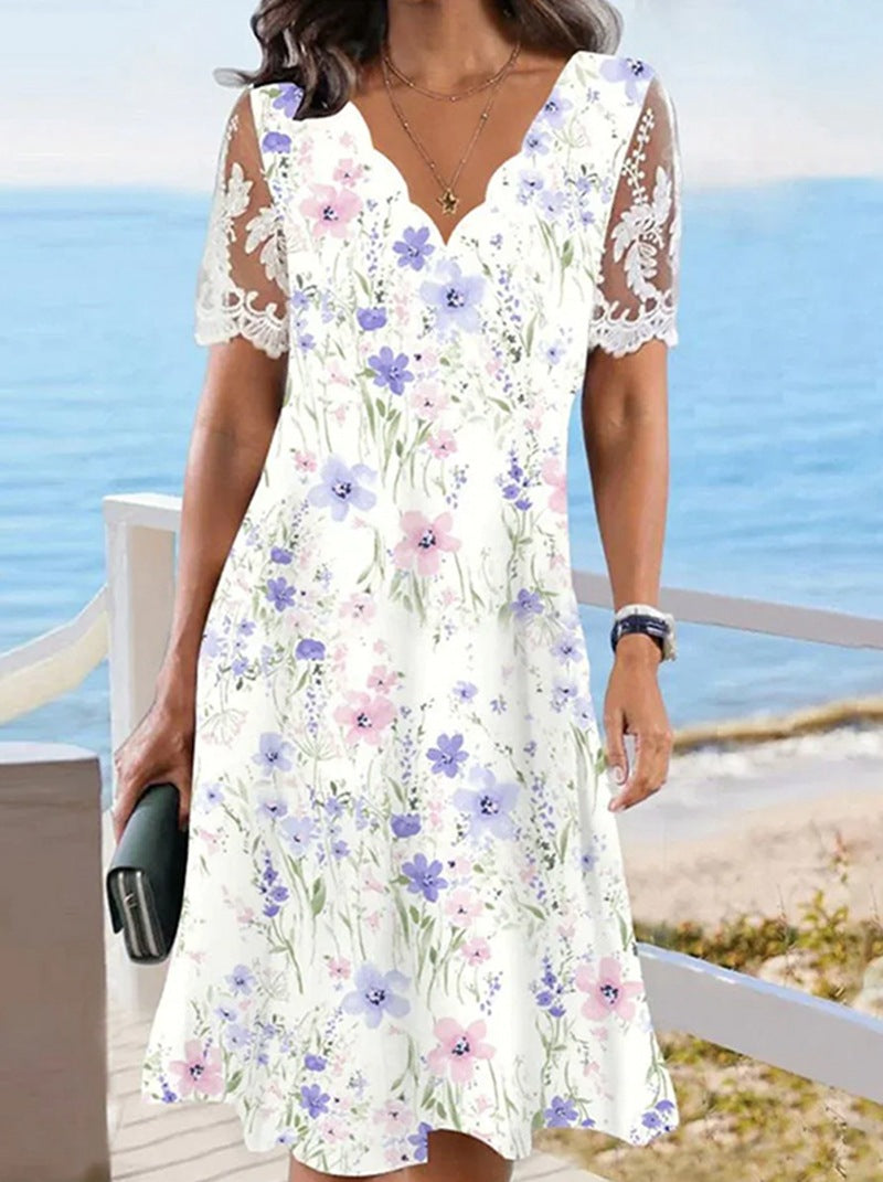 Damen nan A-Linien-Midikleid mit wellenförmigem V-Ausschnitt, ganzflächigem Blumenmuster und transparenten Spitzenärmeln Echo Archiv