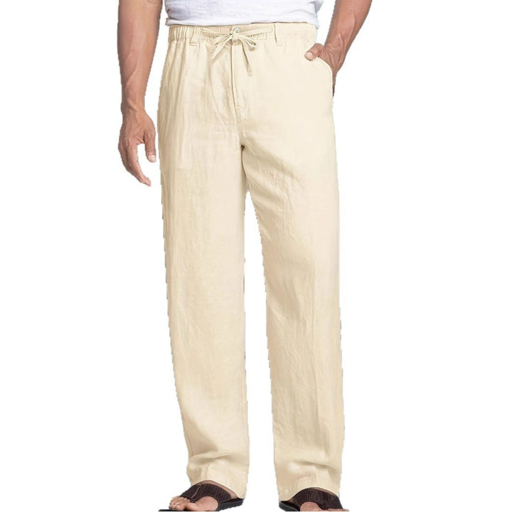 Herren Leichte Leinen-Baumwoll-Hose mit elastischem Bund, Kordelzug und geradem Bein Echoarchiv