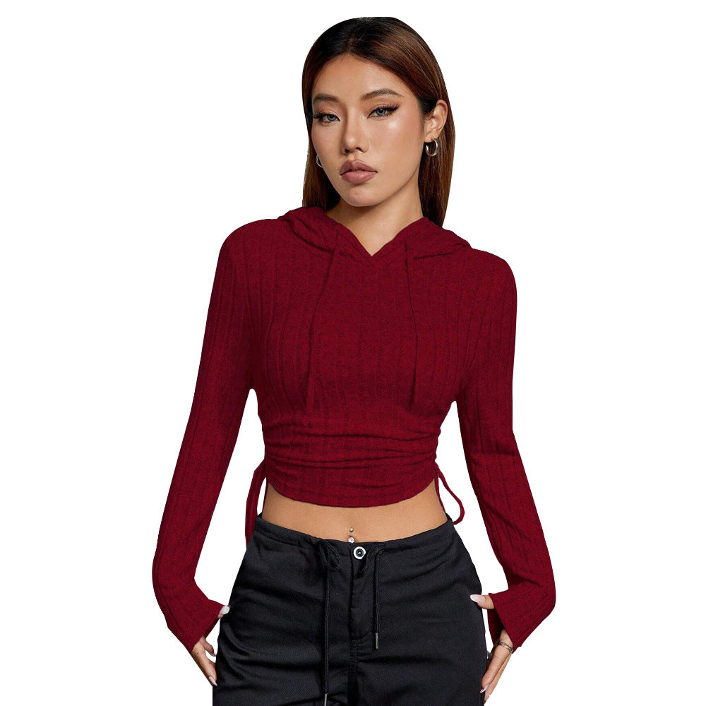 Damen geripptes Crop-Hoodie mit Tunnelzugseitennähten, figurbetonter Silhouette und langen Ärmeln – Auréline