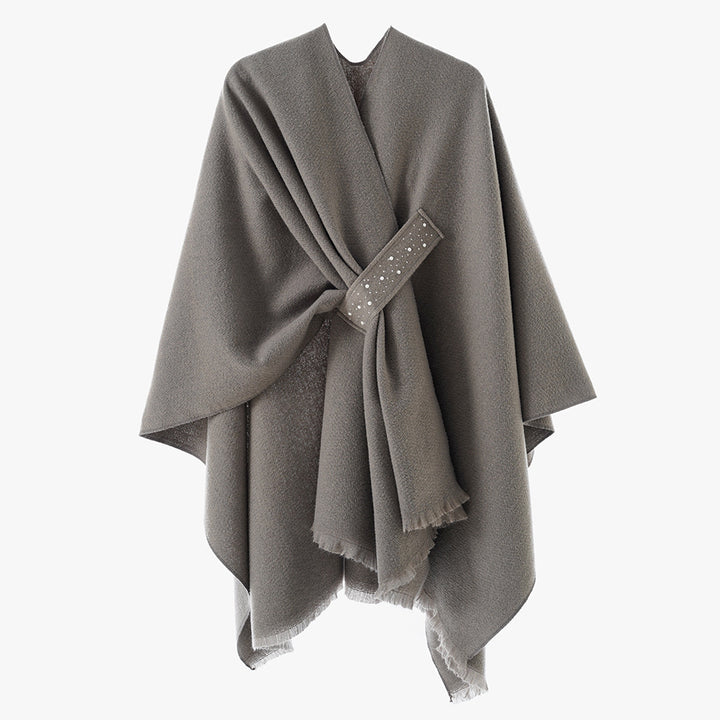 Damen Eleganter Wickel-Umhang aus Wollmischung mit Taillenschärpe und Fransensaum – Avérine