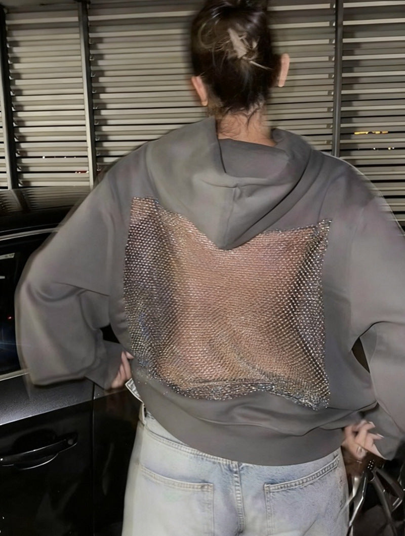 Damen Hoodie mit glitzerndem Mesh-Rückenapplikation – Auréline