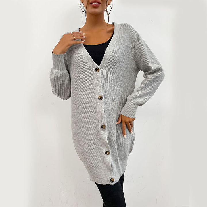 Damen Oversize Longcardigan aus weichem Feinstrick mit tiefem V‑Ausschnitt und Knopfleiste Echoarchiv