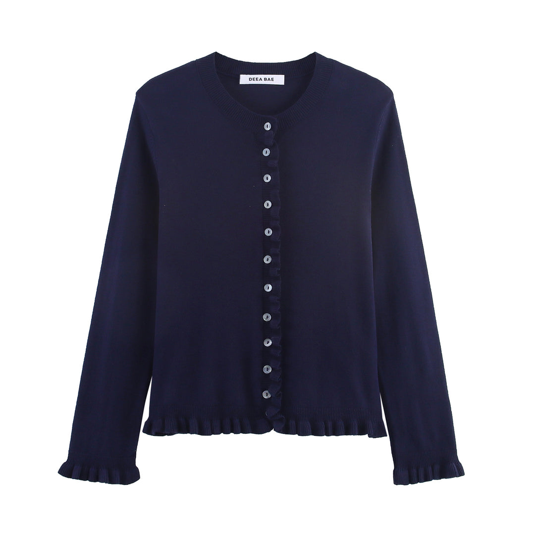 Damen Feiner Strickcardigan mit Rüschenblende und Perlmuttknöpfen Echo Archiv
