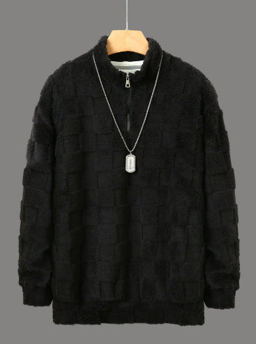 Herren karierter Sherpa-Halbzip-Pullover mit hohem Stehkragen und weicher Teddy-Fleece-Qualität – Cavarno