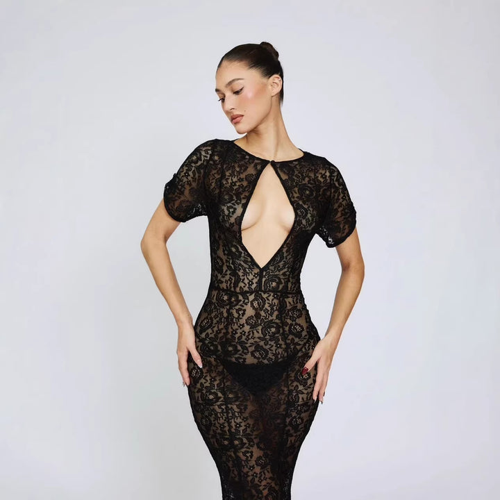 Damen Spitzenkleid mit tiefem Ausschnitt und ausgestelltem Schnitt Echo Archiv