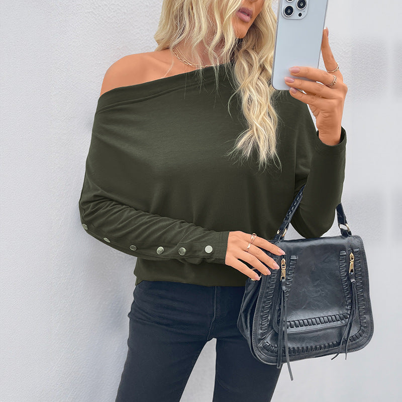 Damen Oversized schulterfreies Langarmshirt mit Fledermausärmeln und Knopfmanschetten Echoarchiv