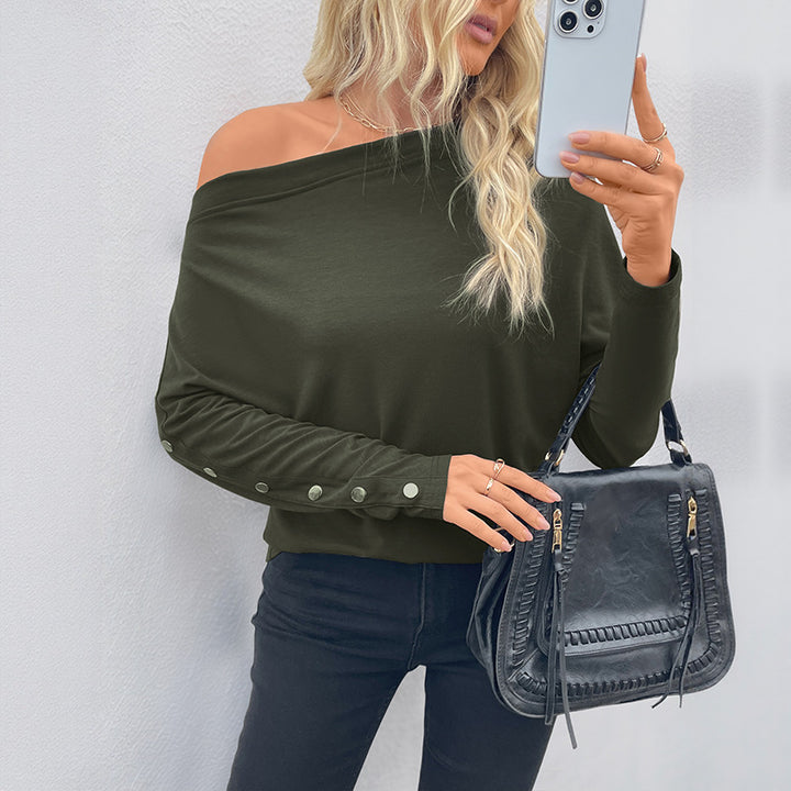 Damen Oversized schulterfreies Langarmshirt mit Fledermausärmeln und Knopfmanschetten Echoarchiv