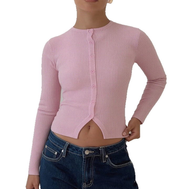 Damen nan kurze gerippte Knopfstrickjacke mit Rundhalsausschnitt, taillierter Passform und Stretchanteil Echo Archiv
