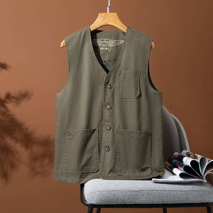 Herren Ärmellose Utility-Canvas-Weste mit V‑Ausschnitt, Knopfleiste und aufgesetzten Taschen Echoarchiv