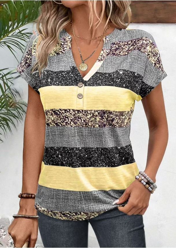 Damen nan gestreiftes Viskosemix-Relaxshirt mit V-Ausschnitt, Krempelärmeln und dekorativer Knopfleiste Echo Archiv