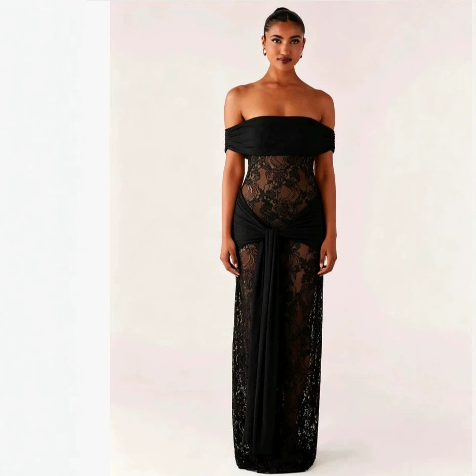 Damen Elegant drapiertes Spitzenkleid mit off-shoulder Design Echo Archiv