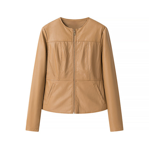 Damen leichte vegane Lederjacke mit Rundhalsausschnitt, tailliertem Schnitt und durchgehendem Reißverschluss – Velloura