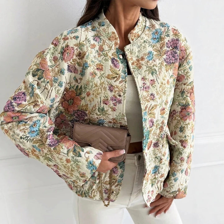 Damen Florale Jacquard-Steppjacke mit Stehkragen und elastischem Saum – Célinea
