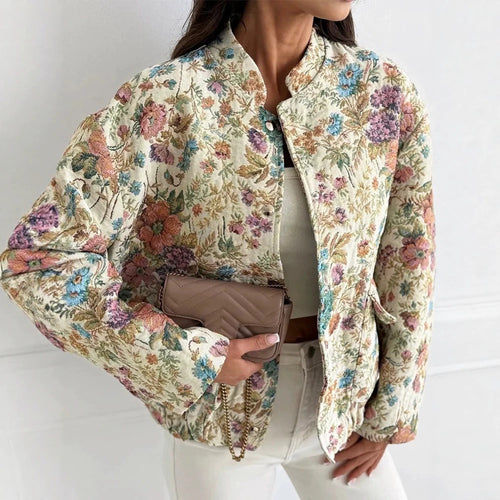 Damen Florale Jacquard-Steppjacke mit Stehkragen und elastischem Saum – Célinea
