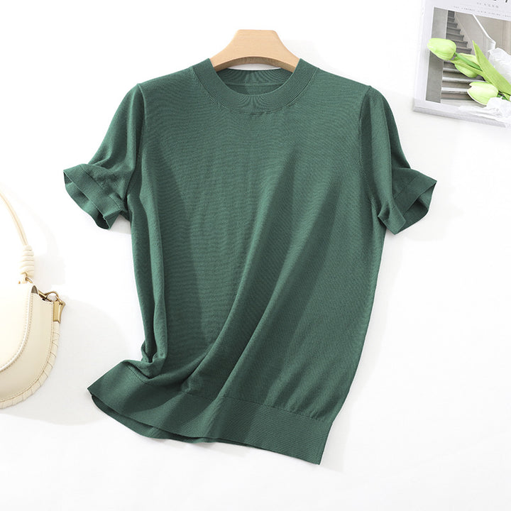 Damen Leichtes Kurzarm-Stricktop aus feinem Jersey mit Rundhals und Saumblende Echo Archiv