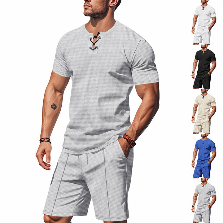 Herren Kurzarm-Henley-Set mit modischem Schnürdesign und atmungsaktivem Material Echoarchiv