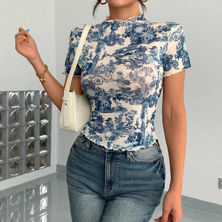 Damen nan figurbetontes kurzärmliges Netzshirt mit Stehkragen und romantischem Landhausdruck Echo Archiv