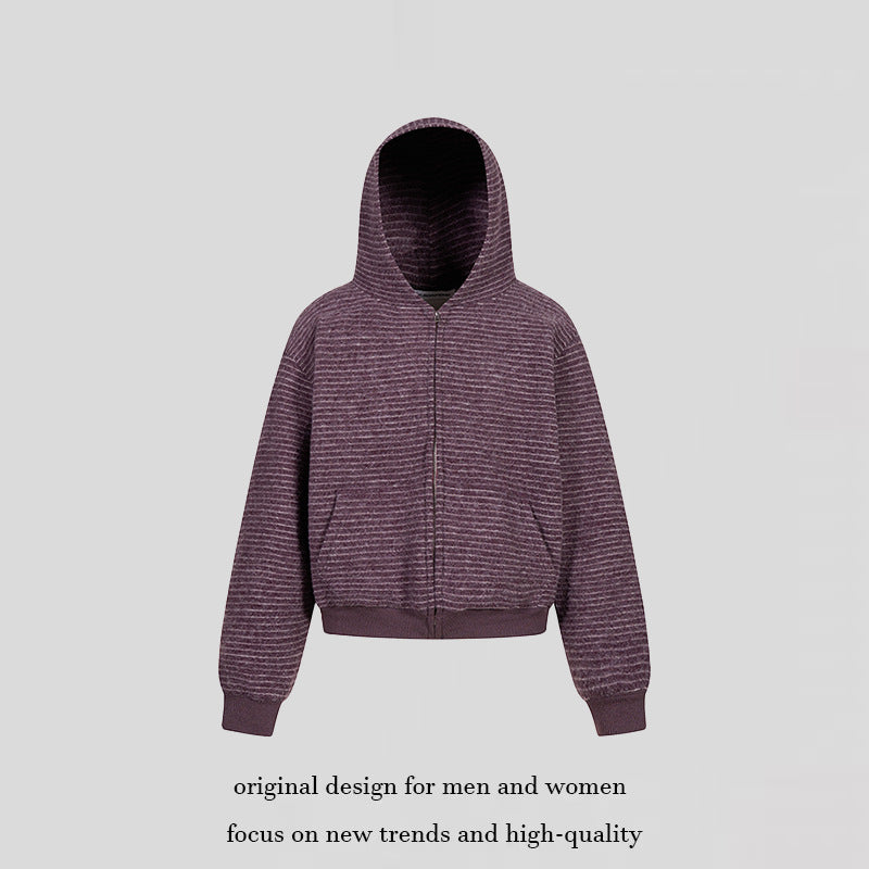 Damen Kurz geschnittene Kapuzen‑Zipjacke mit horizontalem Streifenrelief und elastischem Bund Echoarchiv